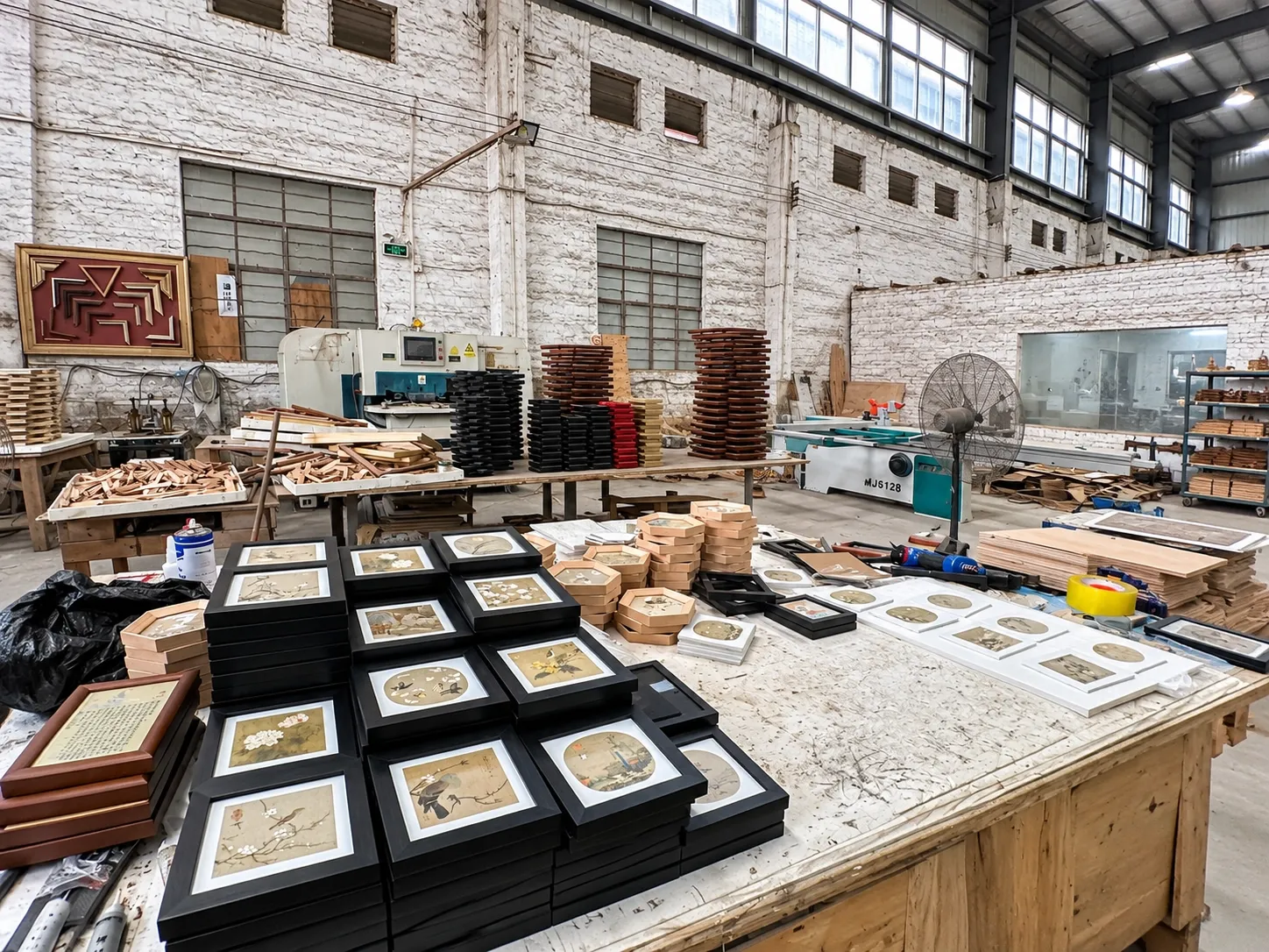 The framing floor: stacks of small framed pieces on a workbench in front, frame moulding and cutting machines behind under high factory windows.