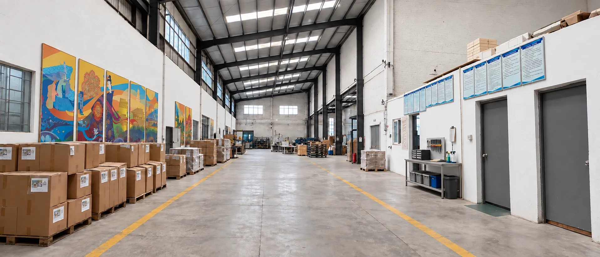 The main aisle of the workshop: packed cartons on pallets along one side under a row of large colourful panels, doors and notice boards along the other.