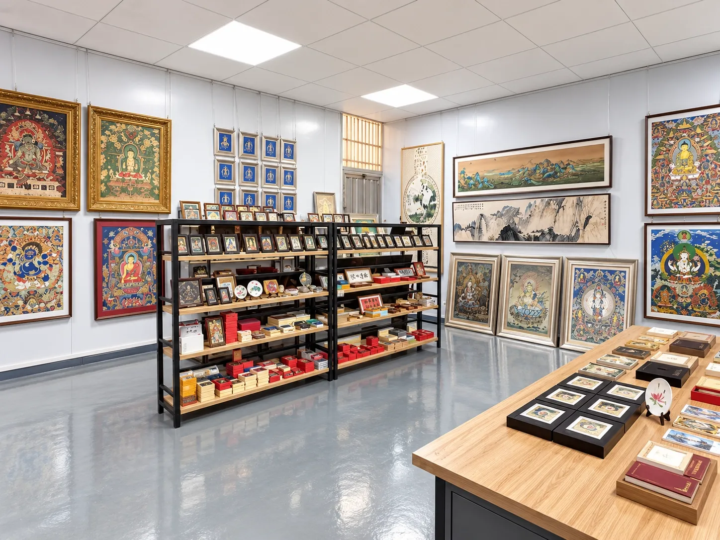 A sample room: framed Thangka pieces and long framed landscapes on the walls, shelves of small framed and boxed pieces in the middle, a table of boxed pieces in front.