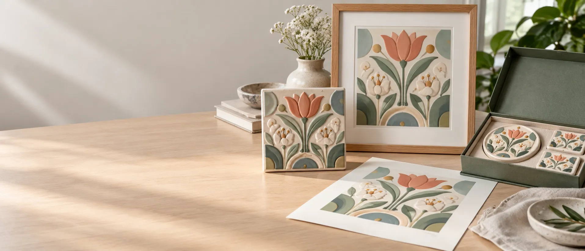 One floral design on a desk in several forms: a printed artwork sheet, a relief tile, a framed piece and an open presentation box holding a disc and two small tiles.