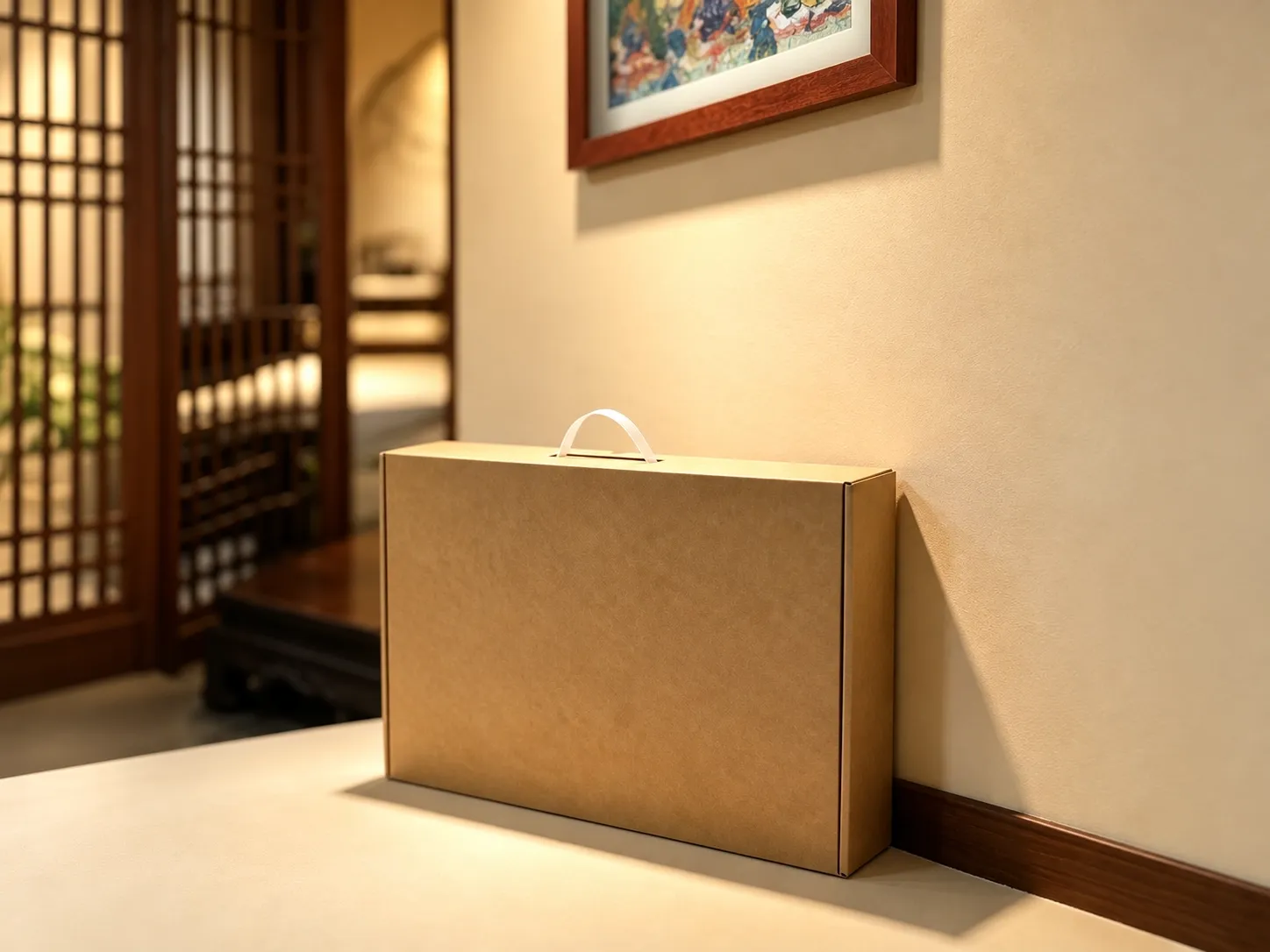 A plain kraft carry box with a white handle, standing against a wall.