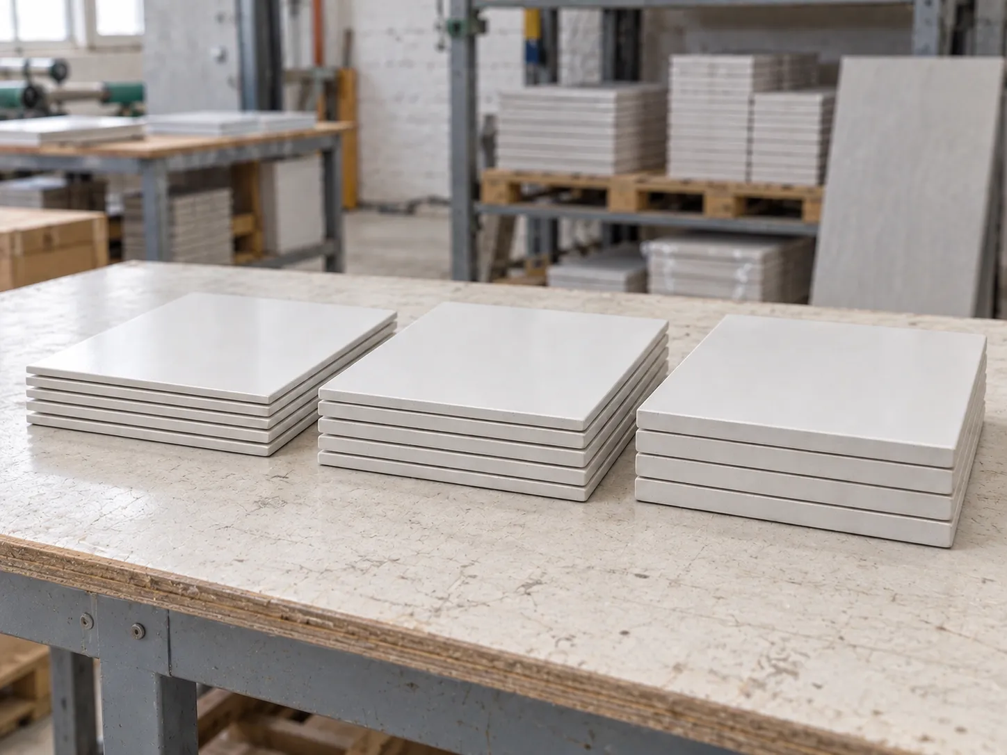 Three stacks of plain white ceramic tiles on a workbench, each stack a different thickness.