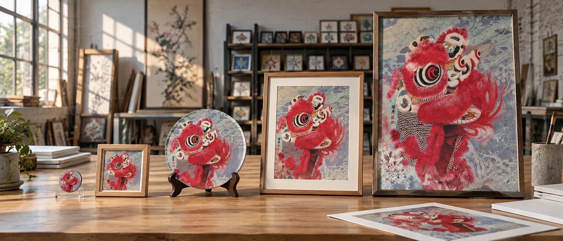 One red lion-dance design made at rising sizes on a workshop table: a small magnet on a clear stand, a small framed piece, a disc on a stand, a medium framed piece and a large framed piece, with a print of the design in front.