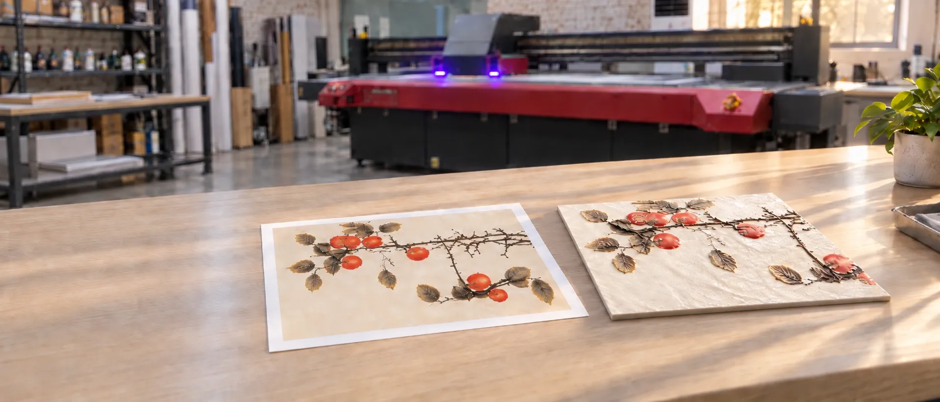 A printed persimmon painting beside the ceramic relief panel made from it, on a workbench in low sunlight, the flatbed printer out of focus behind.