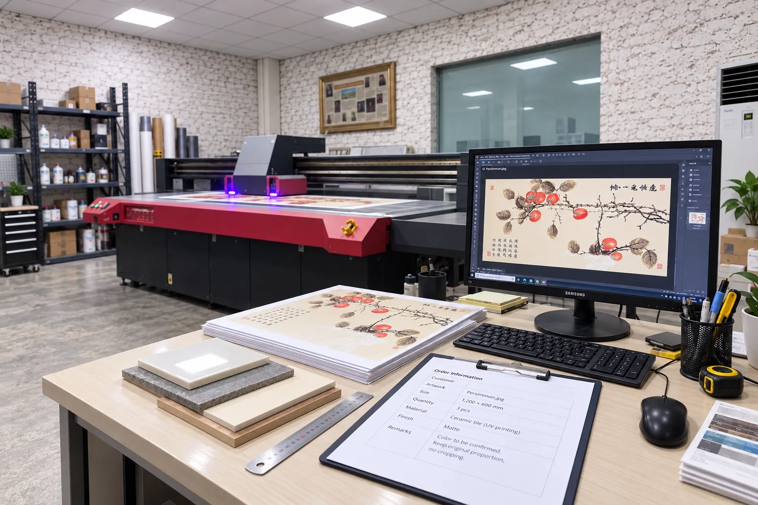 A desk beside the flatbed printer: a persimmon painting open on screen, printed copies of it, tile samples, a steel rule and a clipboard order sheet.