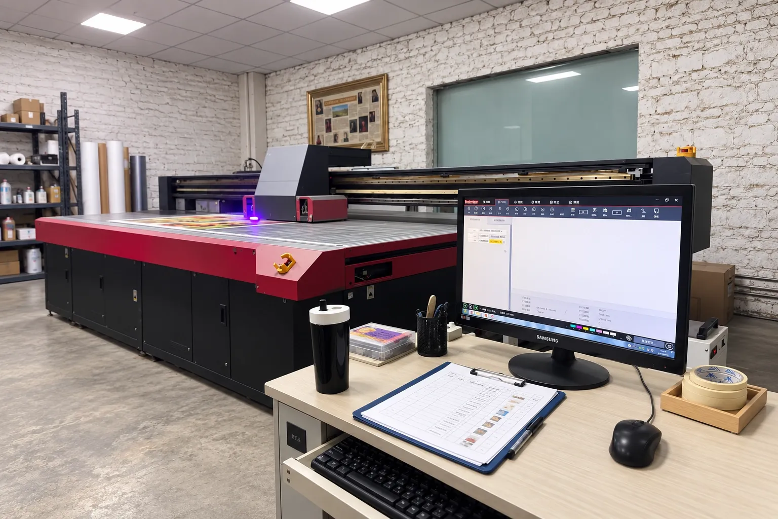 A print station: a job queued in the printer software, a job sheet with a thumbnail for each piece on a clipboard, and the flatbed printer behind.