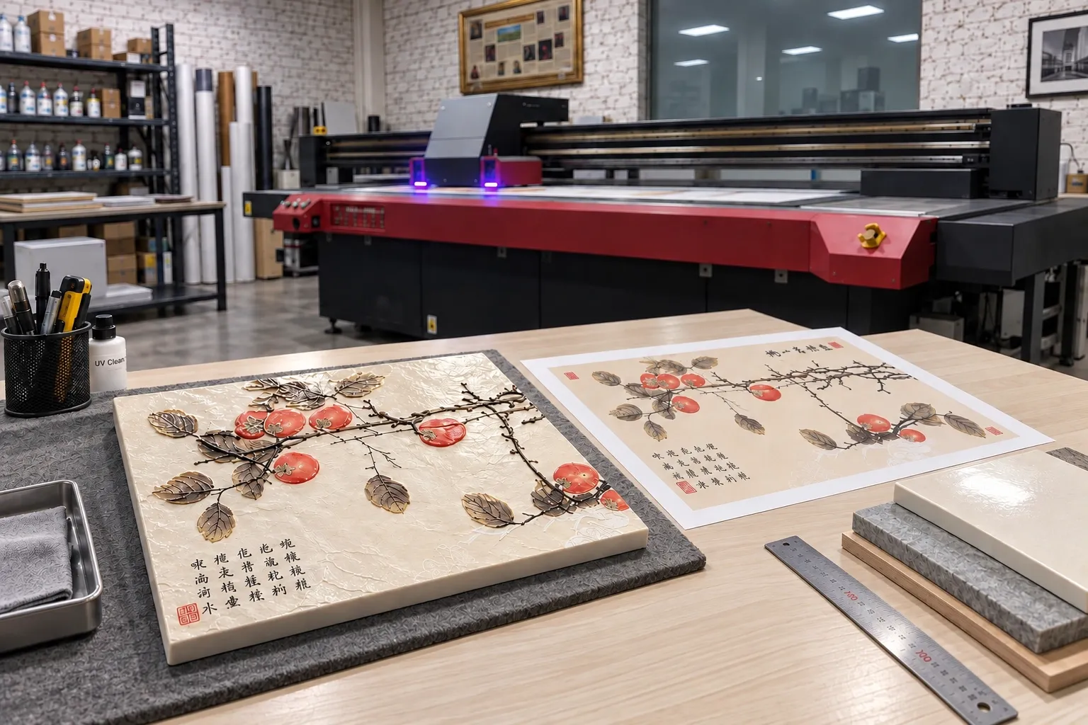 A relief sample of the persimmon painting on the left, the printed original beside it on the right, tile samples and a steel rule in front.