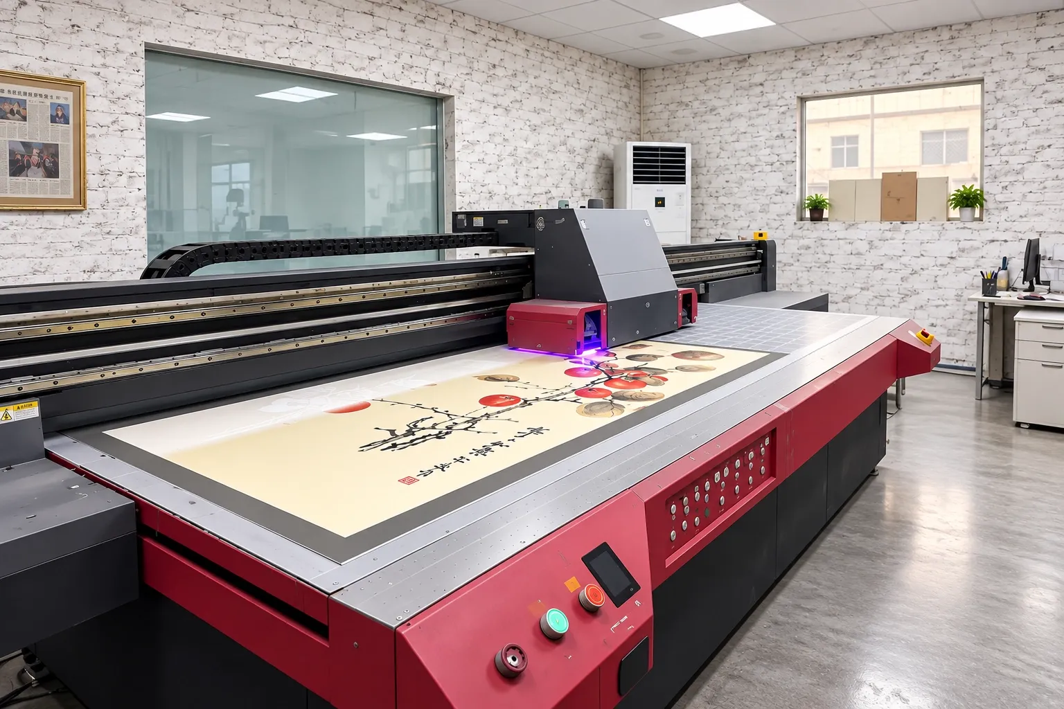 The persimmon painting on the bed of a UV flatbed printer mid-job, violet curing light glowing at the print carriage.