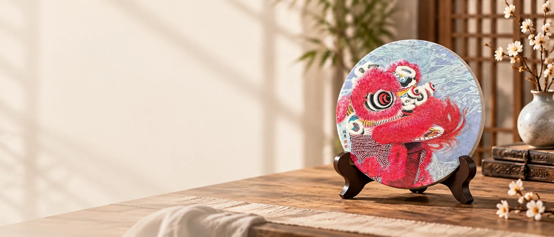 A round lion-dance disc standing on a dark wooden stand on a wooden table, plum blossom beside it.