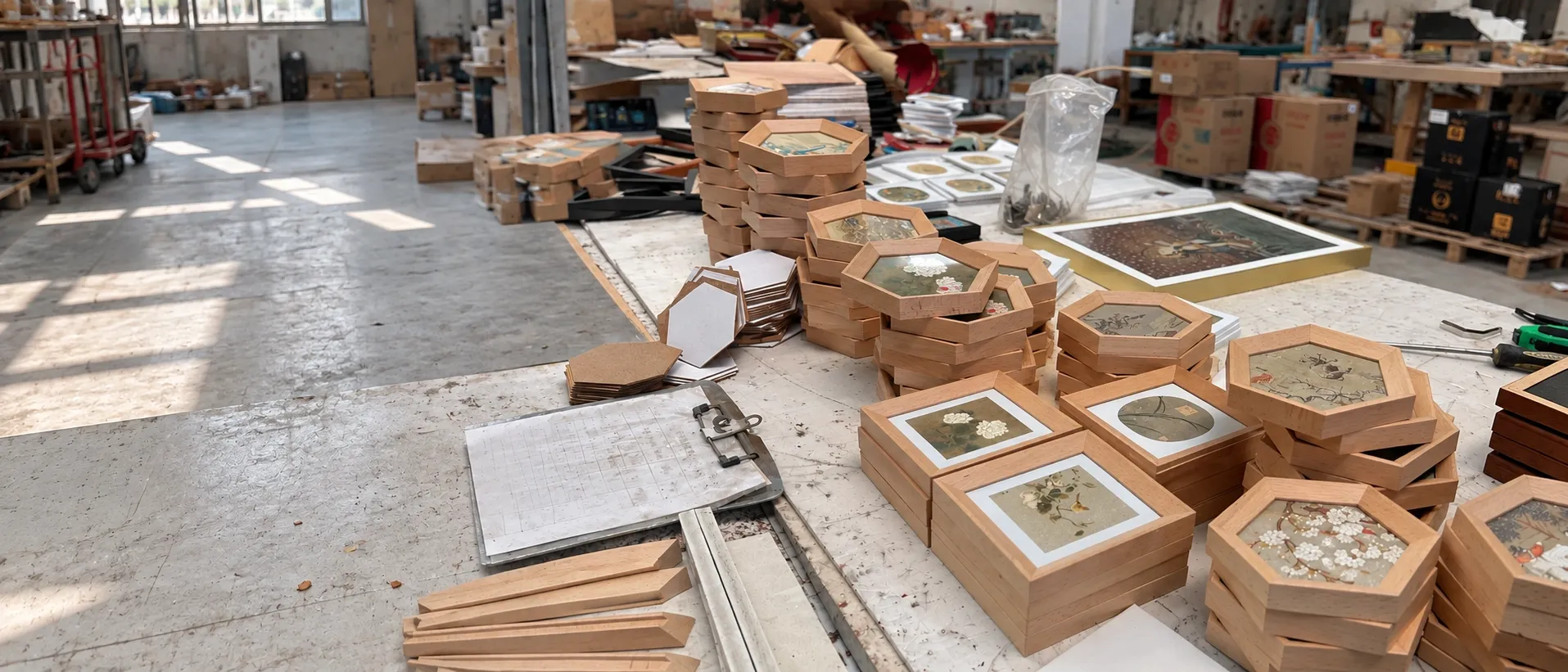 A framing bench in the workshop: stacks of hexagonal and square framed pieces, cut frame moulding and a clipboard, with shelves and cartons beyond.