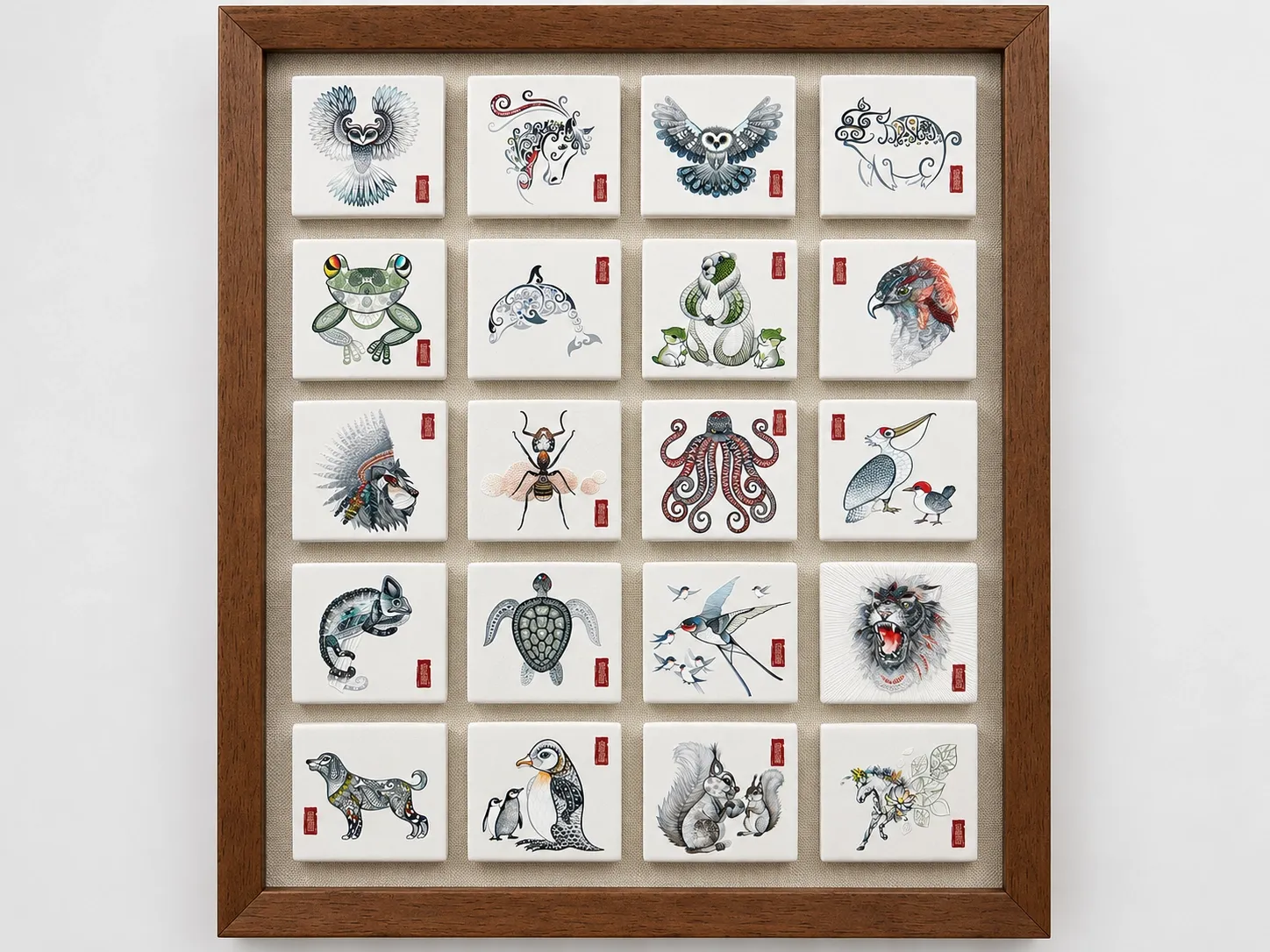 Twenty small white square pieces with animal illustrations, arranged in a grid inside a wood frame.