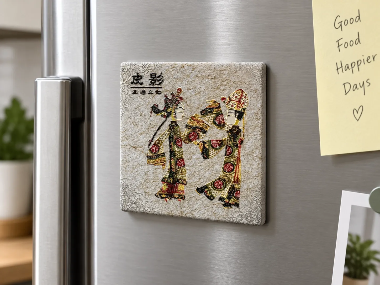A square shadow-puppet design magnet on a stainless steel fridge door.