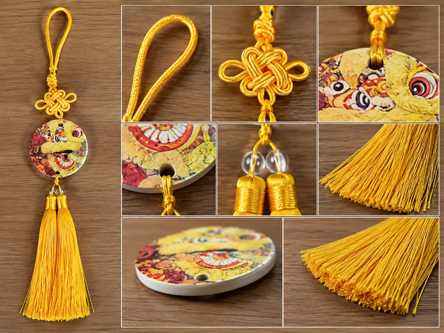 A yellow lion-dance pendant with close-ups of the cord loop, Chinese knot, drilled holes, beads and tassel.