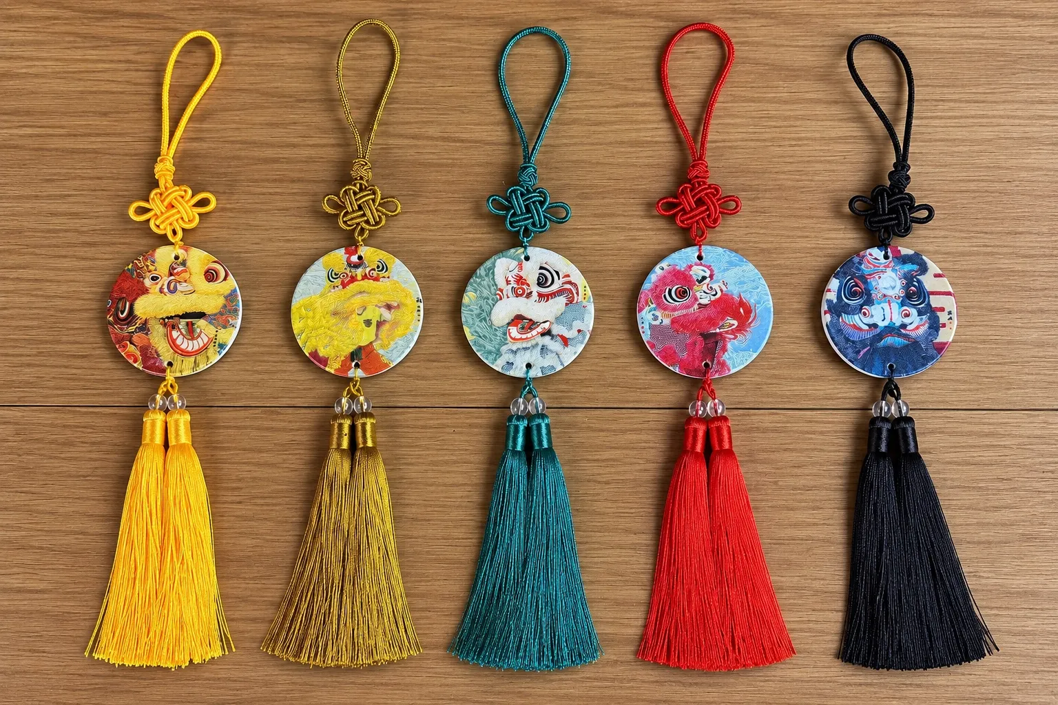 Five round lion-dance pendants in yellow, olive, teal, red and black, each with a matching Chinese knot and tassel.