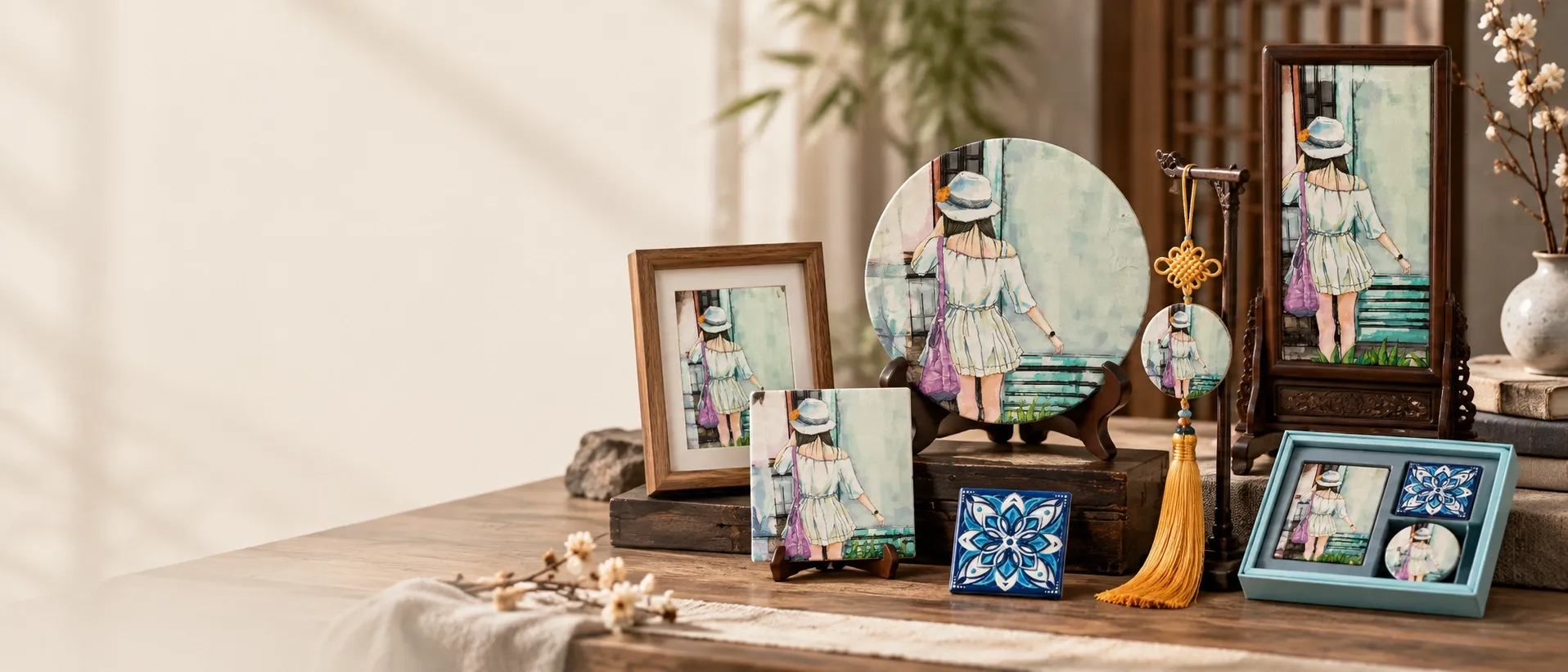 One illustration of a woman in a sun hat made as a framed piece, a tile on a stand, a disc, a tassel pendant, a table screen and a boxed pair, set out on a wooden table.