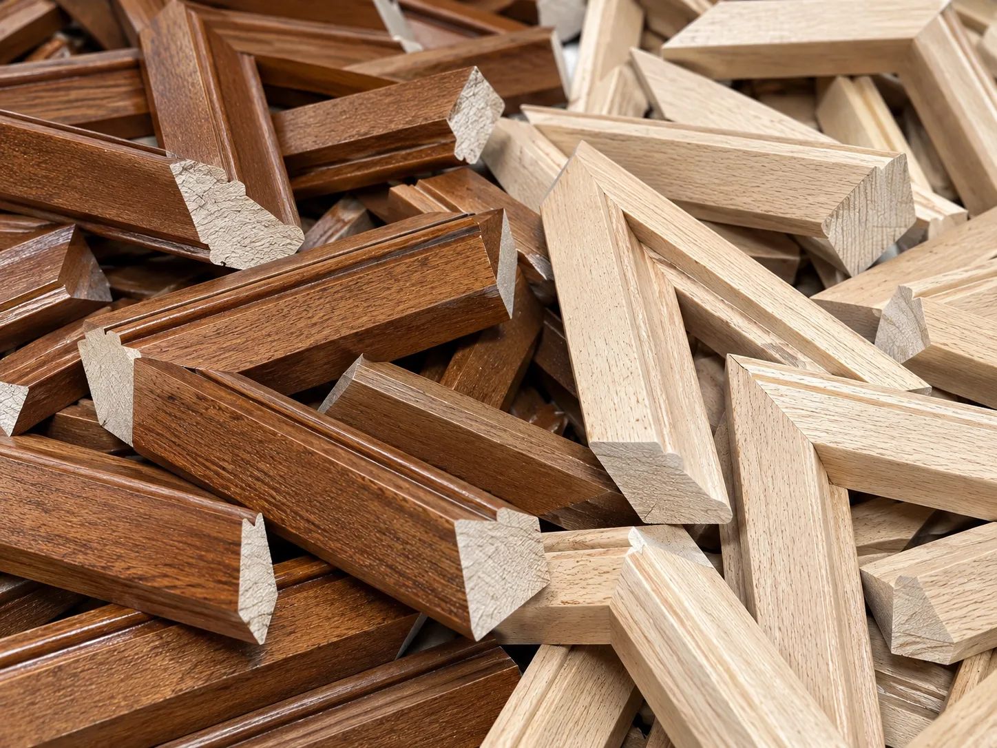 A pile of mitred wood frame corner samples in stained and natural finishes.