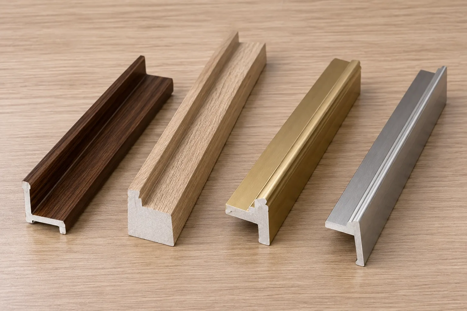 Four lengths of PS frame moulding in dark woodgrain, light woodgrain, gold and silver finishes, cut ends showing a pale core.