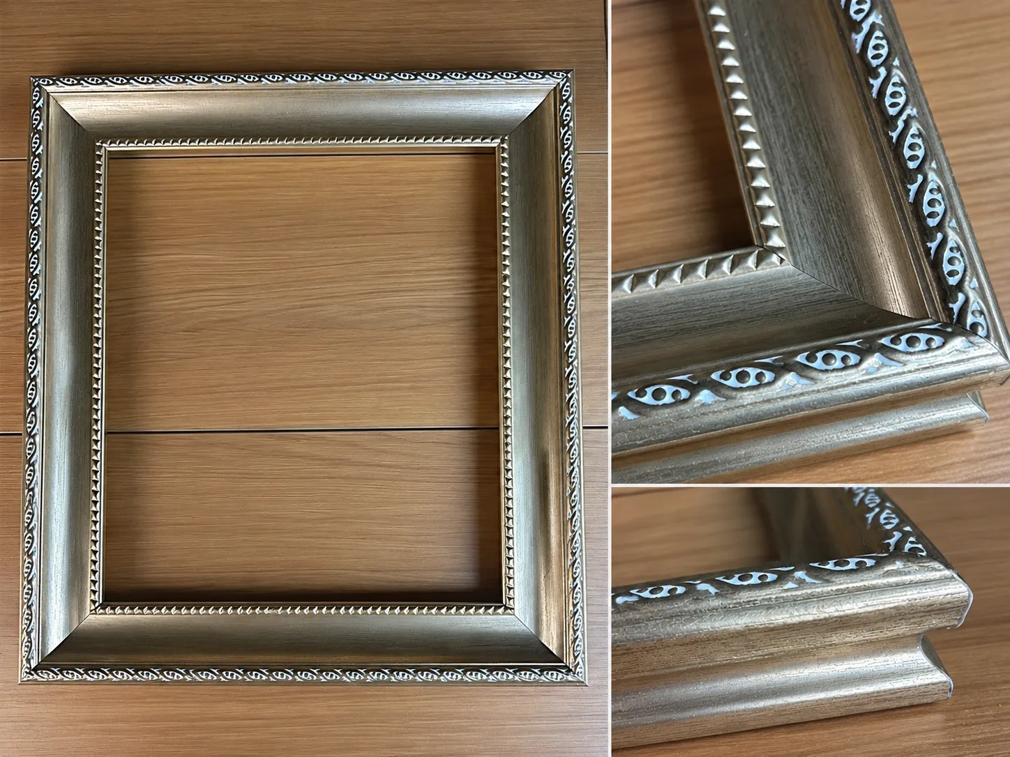 An ornamental silver-tone frame with a patterned border, shown whole and in two corner close-ups.