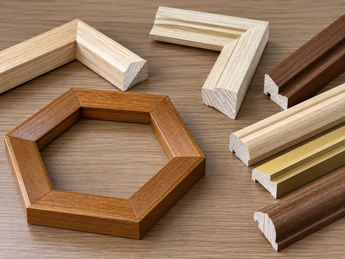 Frame mouldings and corner samples in natural and stained wood and a gold-tone metal profile, with an assembled hexagonal frame.