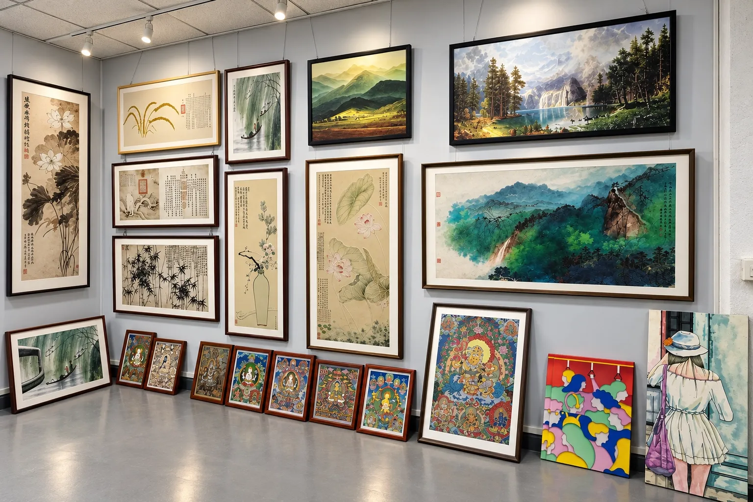 A showroom wall of framed pieces in many sizes, from small desktop pieces along the floor to wide landscapes.