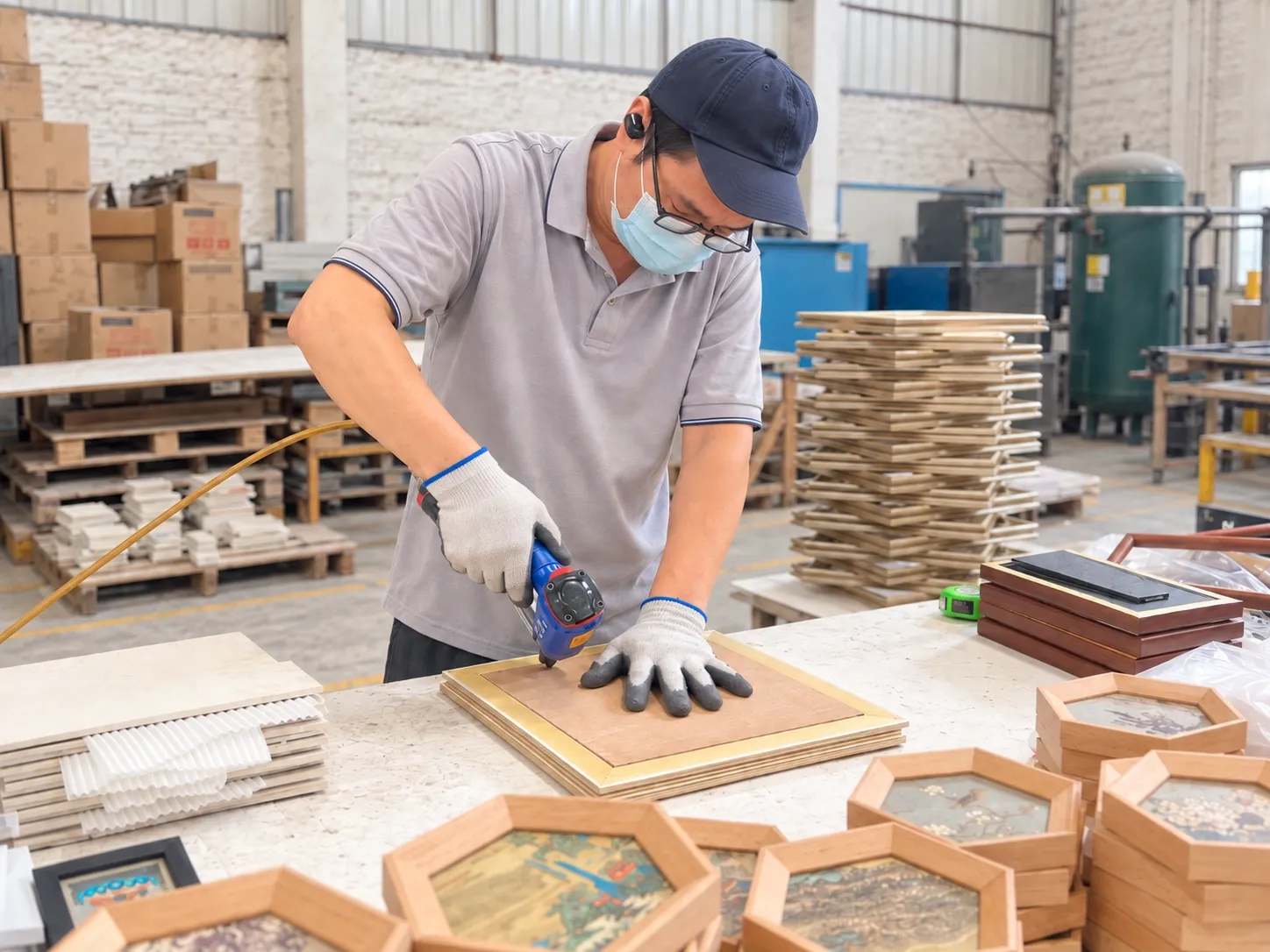 A worker fixing a backing board into a wood frame with a pneumatic tool, hexagonal framed pieces on the bench in front.