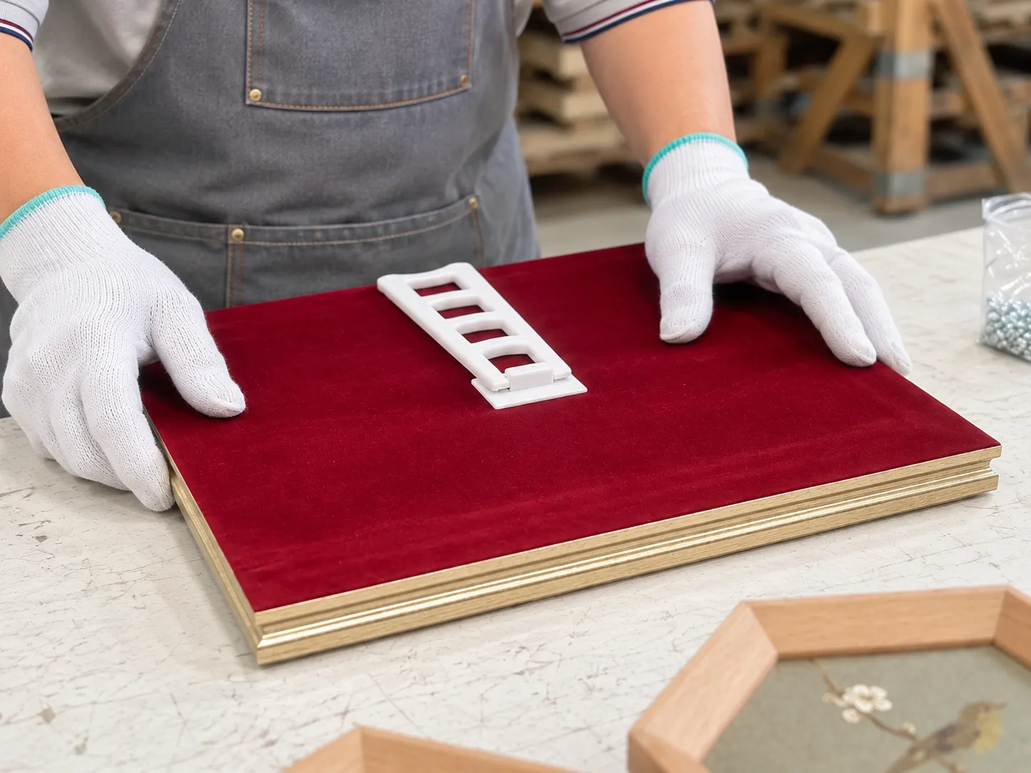 Gloved hands on a frame back covered in red fabric, fitted with a white fold-out stand.