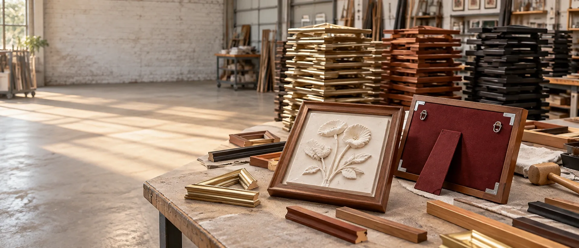 A framing bench: a white floral relief in a dark wood frame beside the back of another frame with a fabric back, D-ring fixings, corner brackets and a fold-out stand, frame mouldings in front and stacked frames behind.