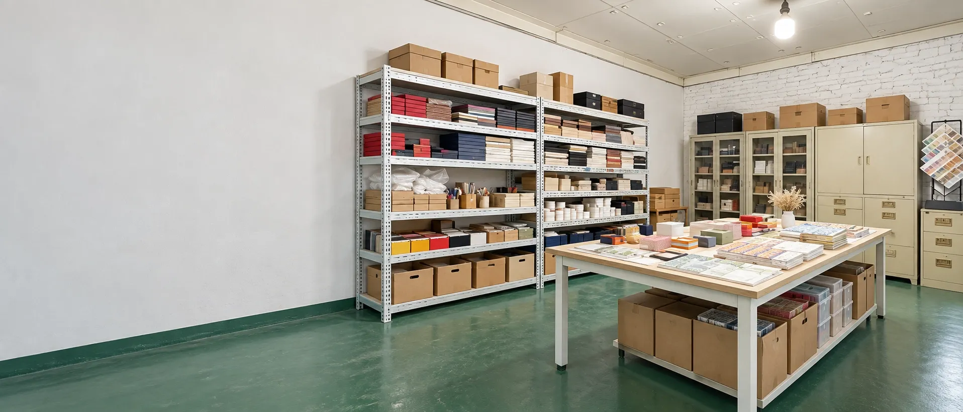 A sample and reference room: steel shelves of boxed samples and packaging, a table spread with colour charts and sample books, and filing cabinets beyond.