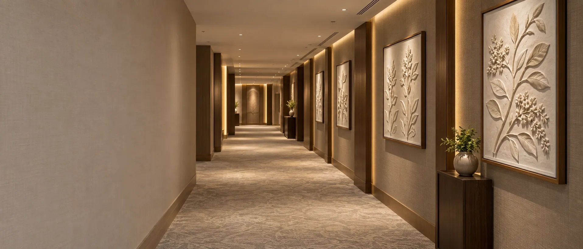 A hotel corridor with a series of matching framed botanical relief artworks hung at intervals along the right-hand wall.