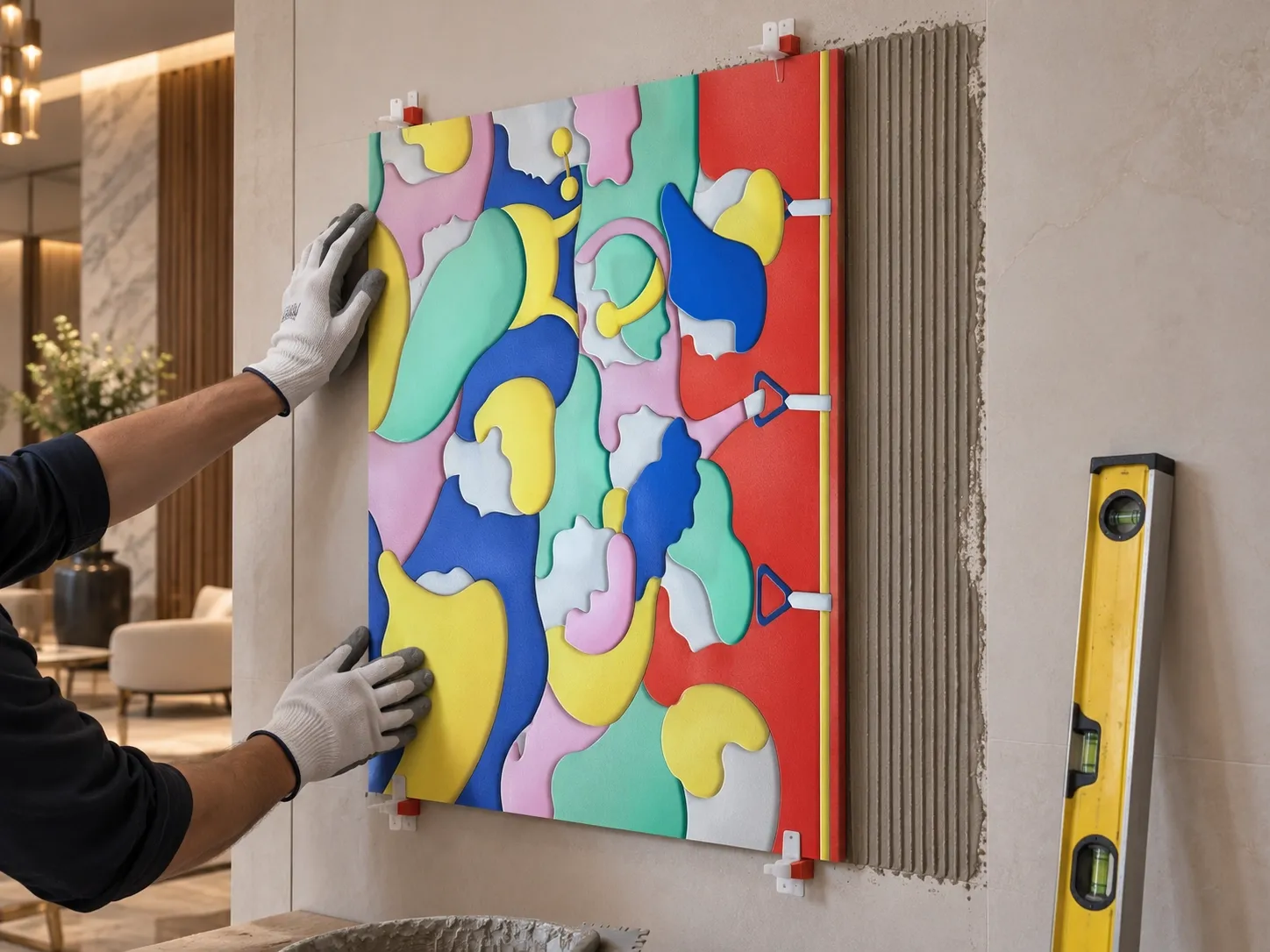 Gloved hands press an unframed ceramic relief panel onto a wall, levelling clips at its edges, combed tile adhesive on the wall beside it and a spirit level leaning nearby.