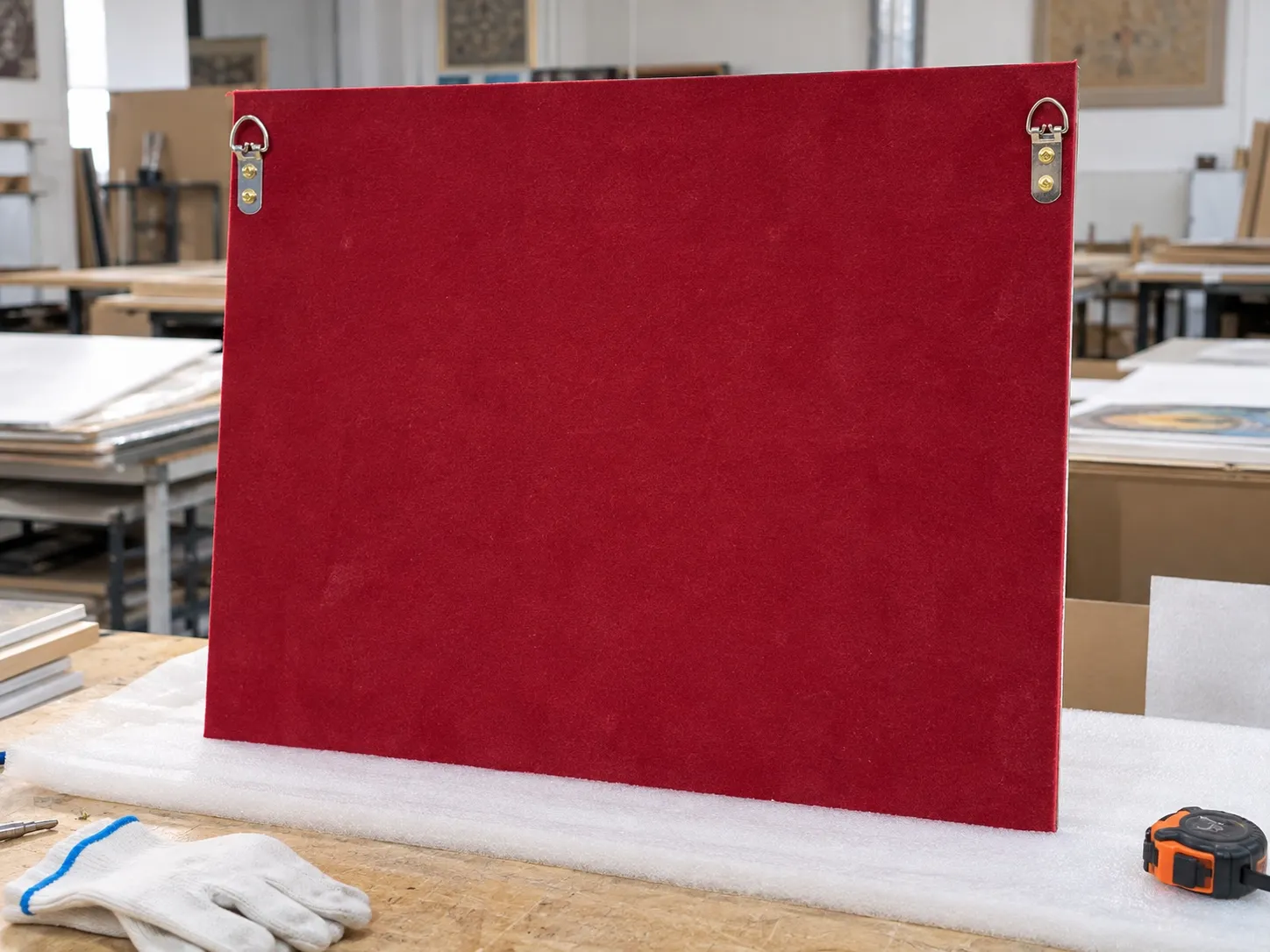 The back of a hung piece standing on foam: a red fabric-covered back with two D-ring hanging fixings near the top corners, each held by two screws.
