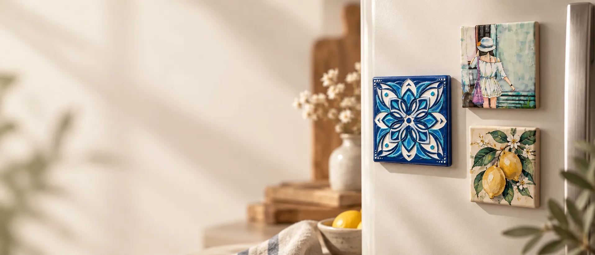 Three square ceramic magnets on a white fridge door: a blue floral tile, a woman in a sun hat and a lemon branch.