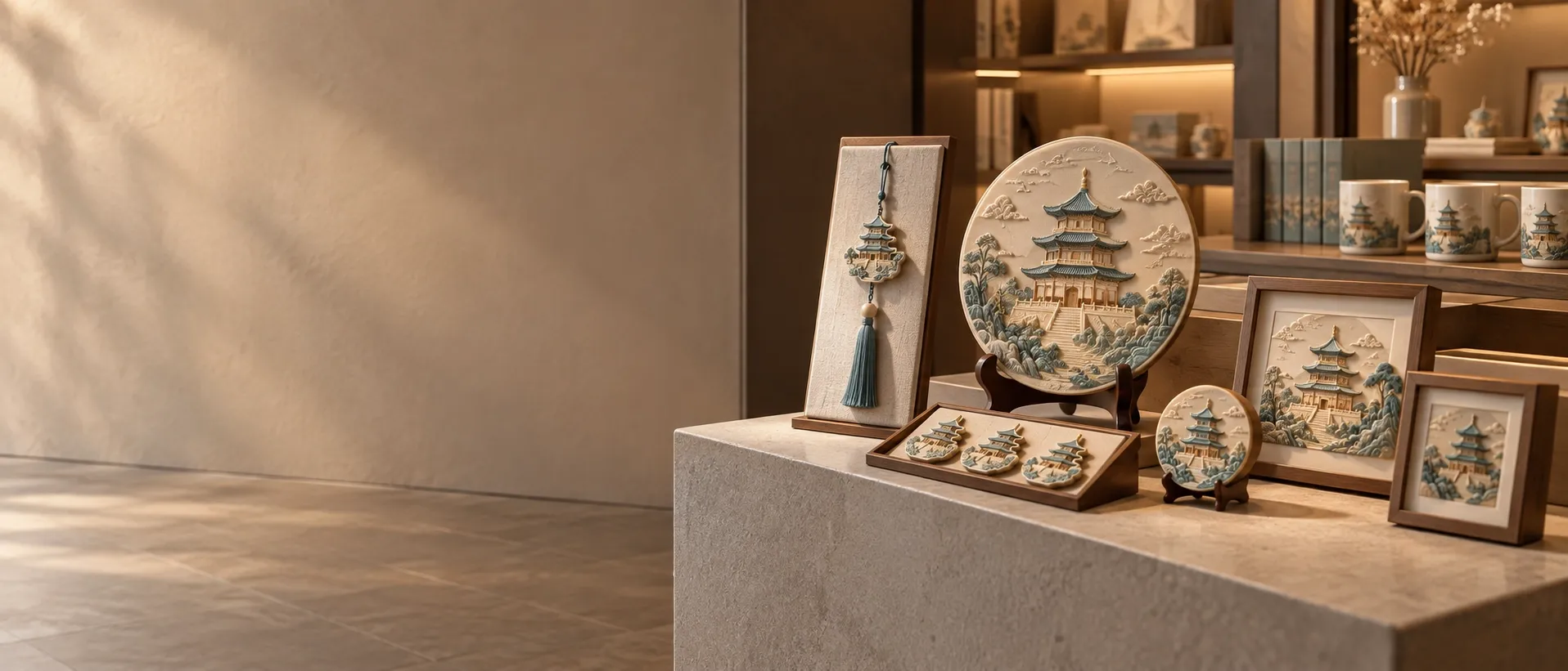 A museum shop display of one pagoda design made as a range: a tassel pendant, a disc on a stand, a tray of small shaped pieces, a small disc and two framed pieces.