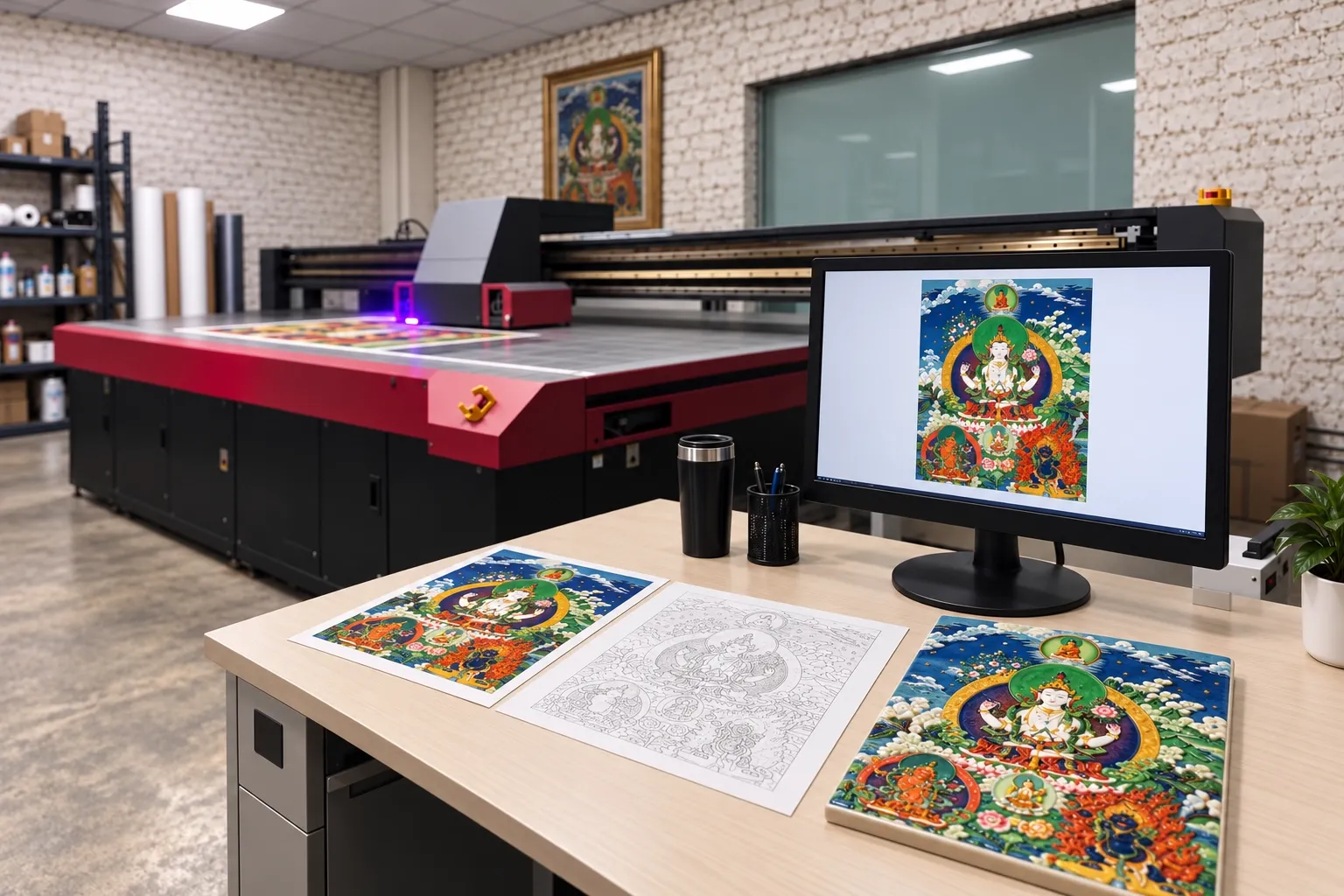 A work desk beside a UV flatbed printer: a Thangka image open on screen, a colour print of it, a pencil line drawing and the finished ceramic relief tile laid out in a row.