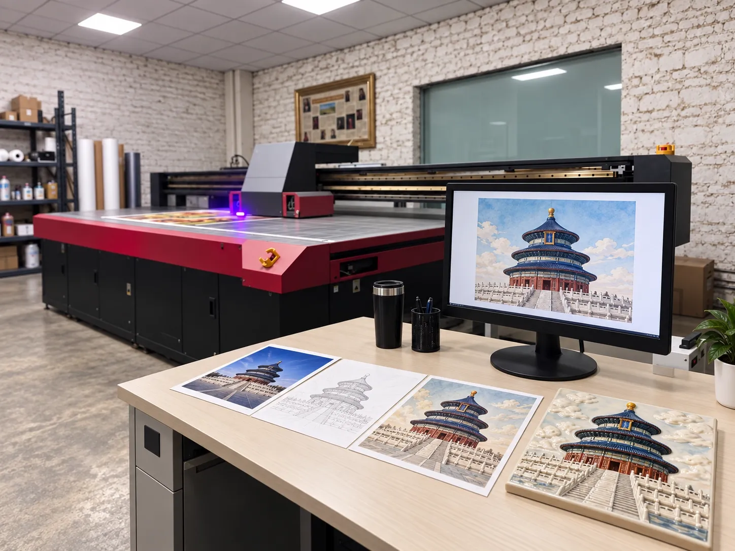 Four stages of the Temple of Heaven laid out in a row: a reference photograph, a pencil line drawing, the coloured artwork and the finished relief tile.