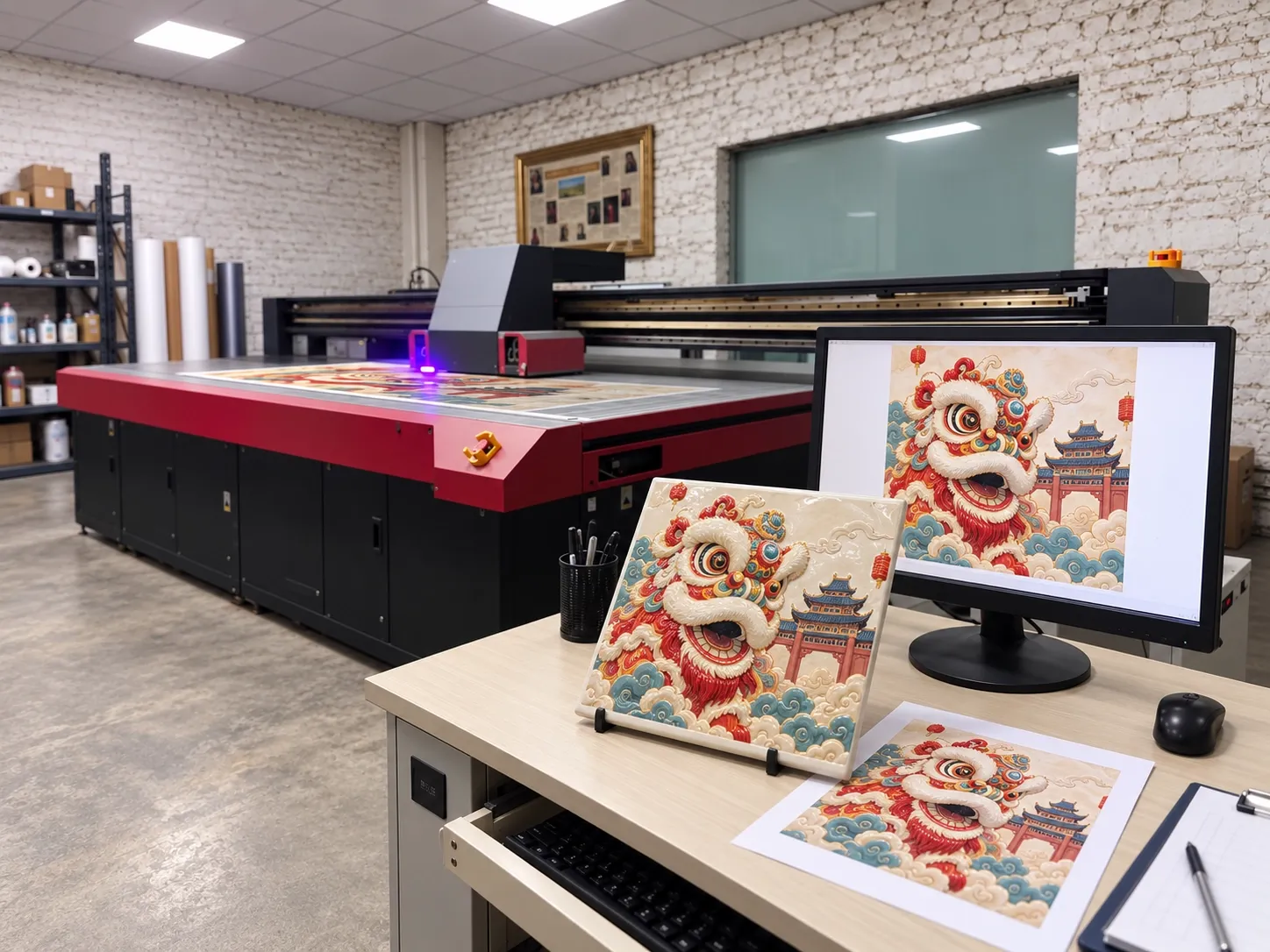 A lion-dance design with a temple gate open on screen, the same artwork as a print on the desk, and the relief tile made from it standing between them.