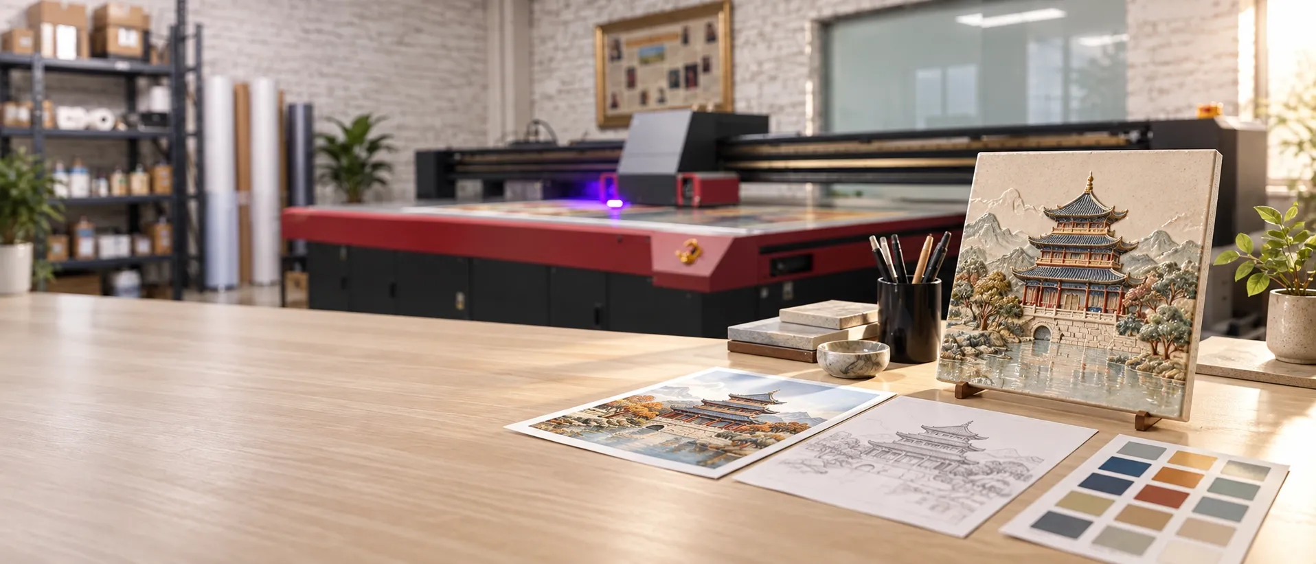 A relief tile of a pavilion above water on a small stand, with its coloured artwork, a pencil sketch and a colour swatch card laid out in front, the flatbed printer out of focus behind.