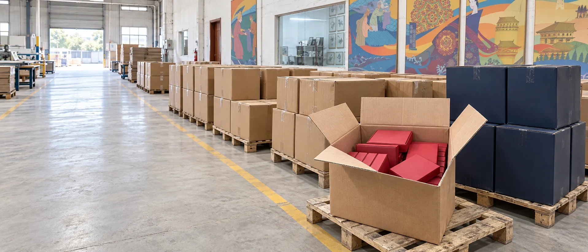 A warehouse aisle of cartons stacked on pallets, one carton open to show red retail gift boxes inside, navy cartons beside it.