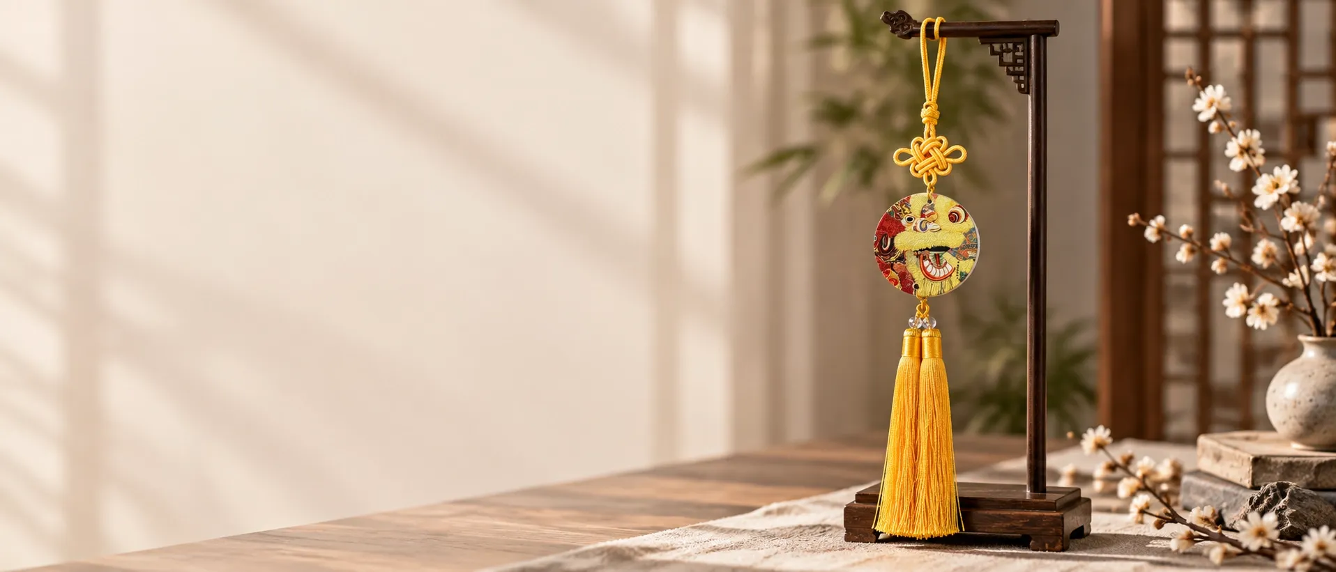 A round yellow lion-dance pendant with a Chinese knot and a yellow tassel, hanging from a small wooden stand.