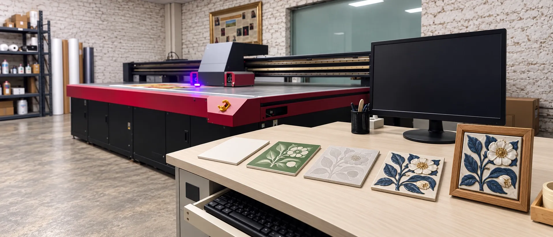 A row of tiles on a desk beside the UV flatbed printer, one design shown stage by stage from a plain tile to the finished coloured relief, and the same piece framed.