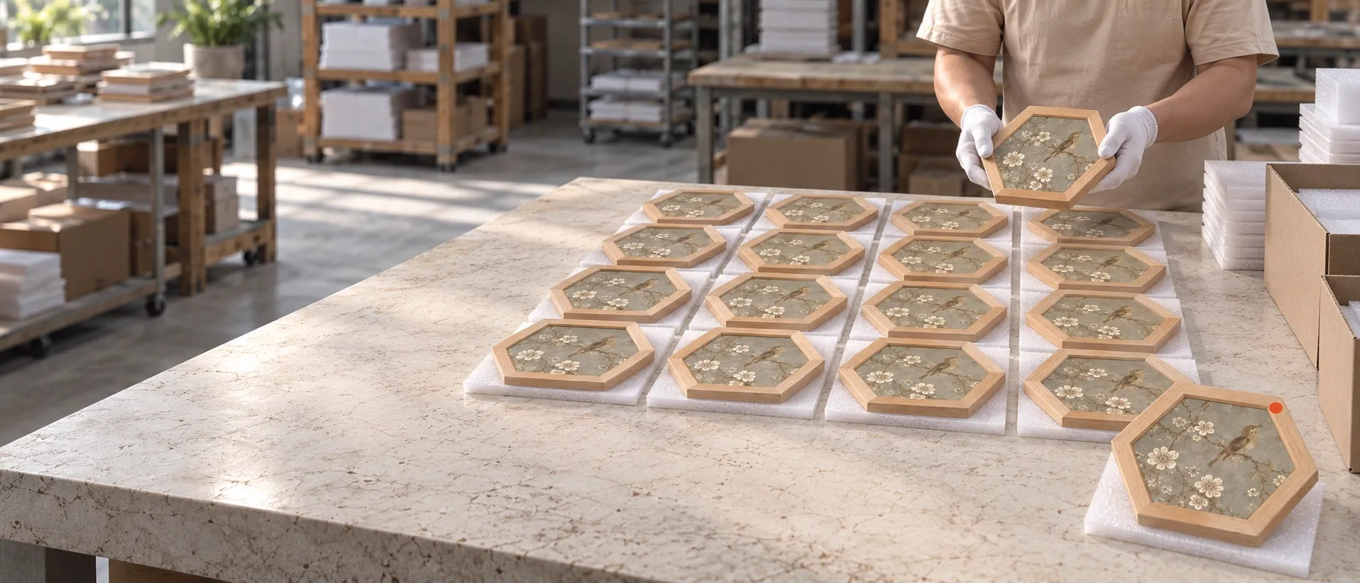 Sixteen identical hexagonal framed bird-and-blossom pieces laid out on foam in a four-by-four grid, the approved sample marked with an orange dot at the front right, a gloved worker lifting one more.