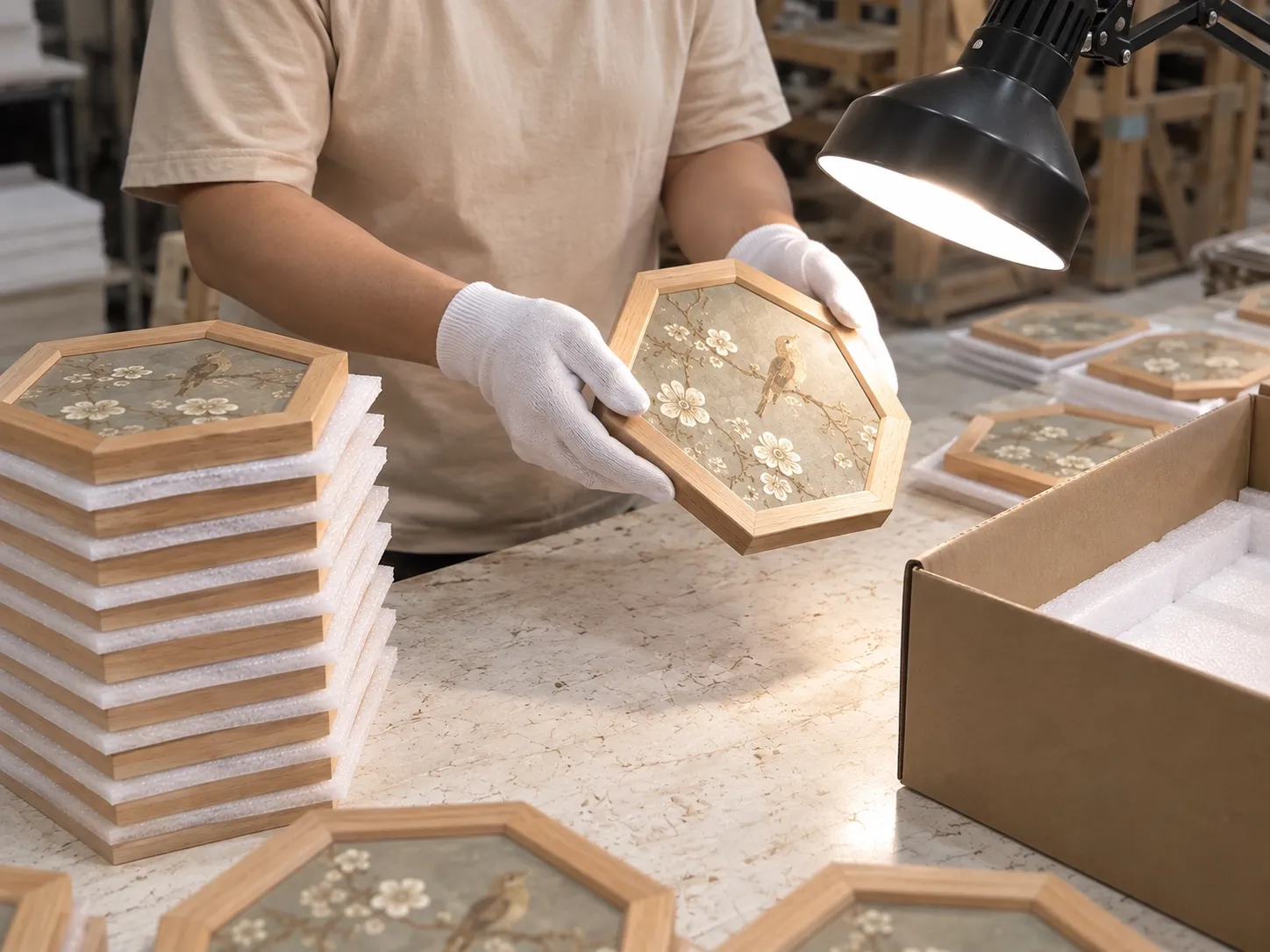 Gloved hands tilt a hexagonal framed piece under a desk lamp beside a stack of identical checked pieces separated by foam, an open carton with foam lining to the right.