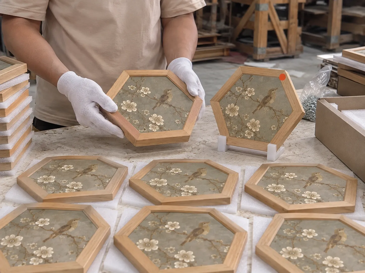 A gloved worker holds a hexagonal framed bird-and-blossom piece beside the approved sample of the same design, which stands on a clear holder marked with an orange dot; six identical pieces lie on foam in front.