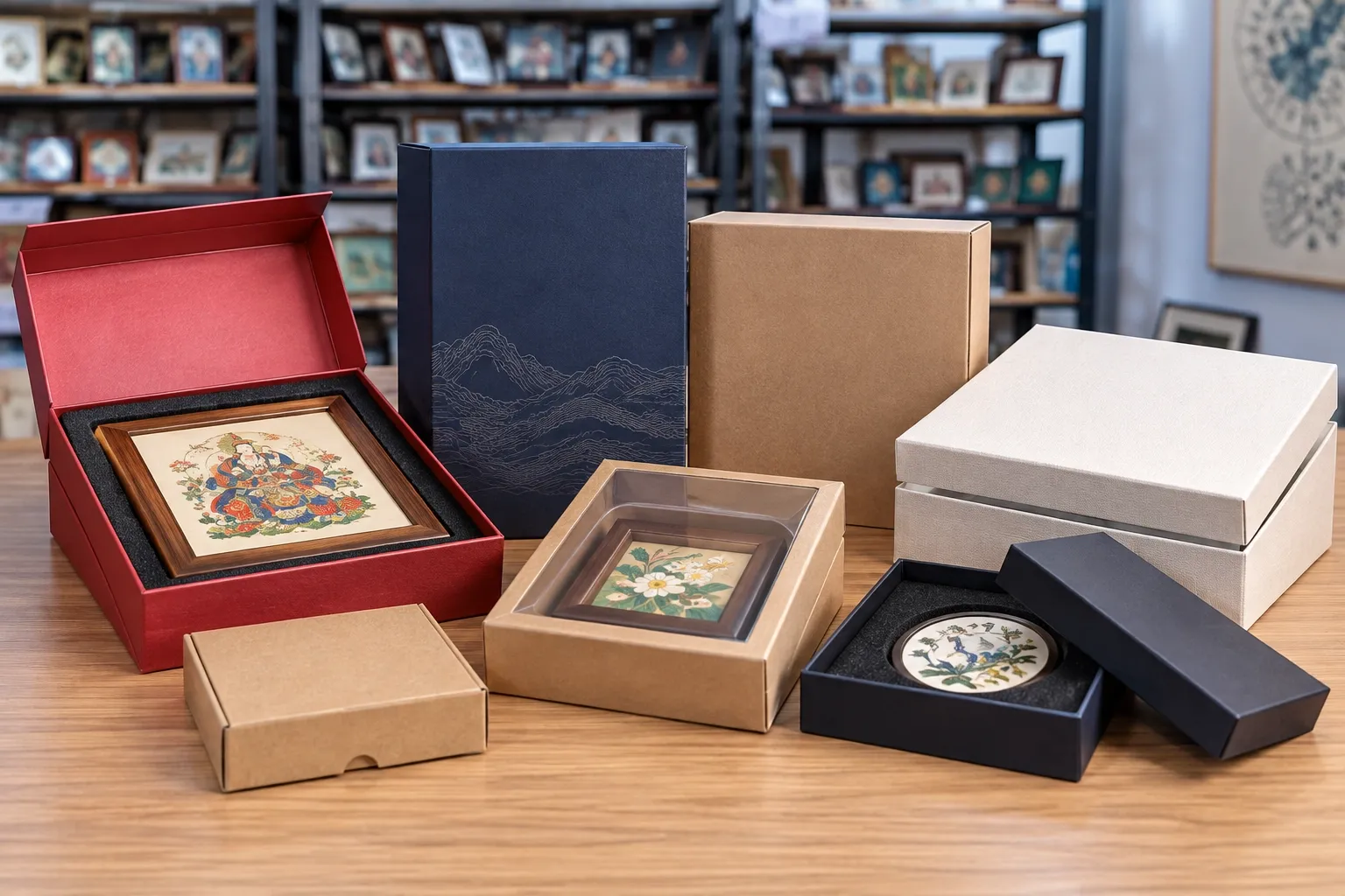 Retail box styles side by side on a table: a red hinged box, a navy printed box, kraft boxes, a kraft window box, a cream two-piece box and a black box fitted for a disc.