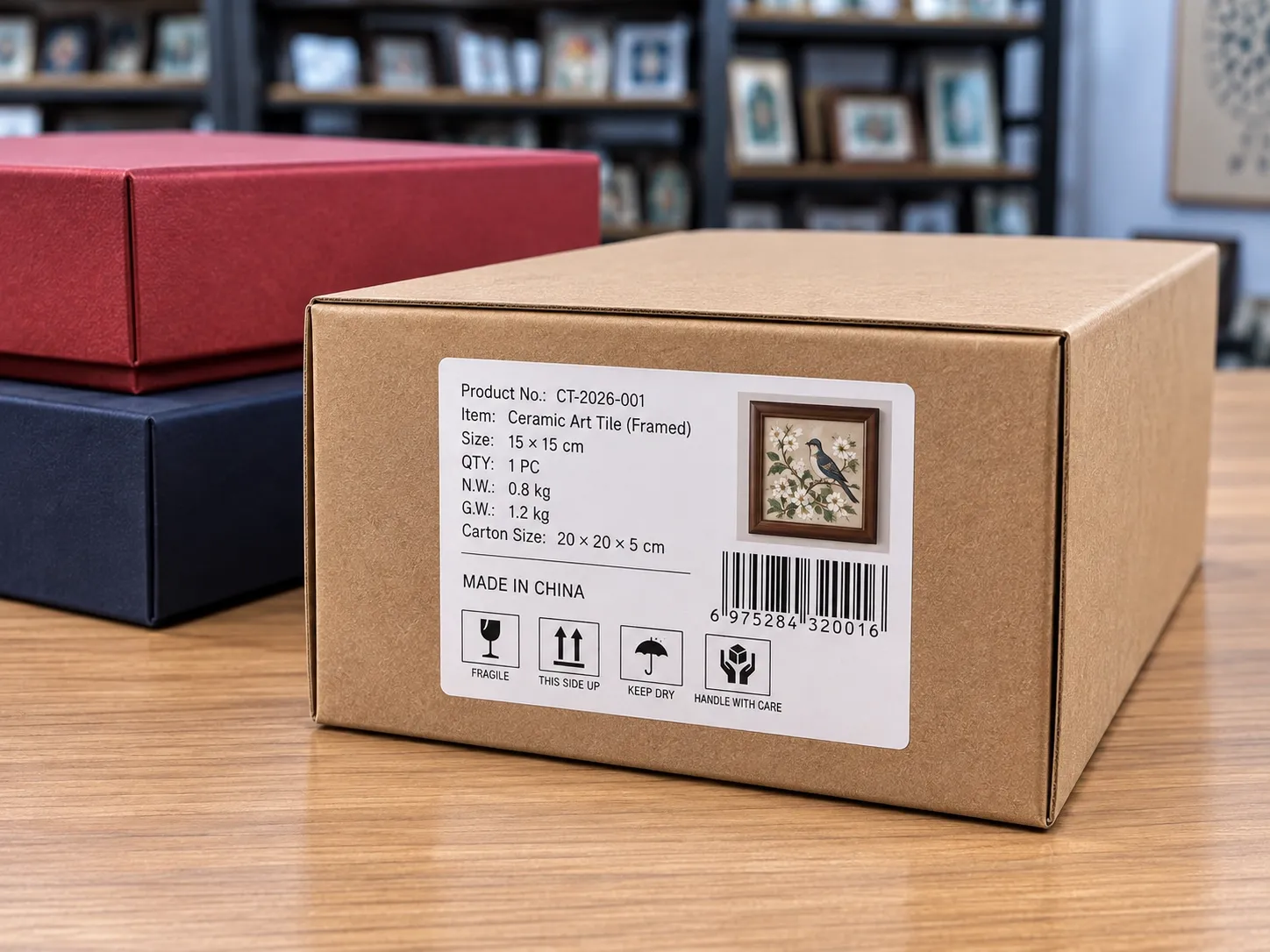 A kraft carton with a product label showing item details, weights, carton size, a barcode and handling symbols.