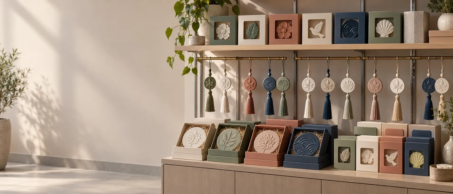 A boutique shelf of ceramic relief pieces in uniform colour-block packaging: small pieces in window boxes, tassel pendants on a rail and discs in open gift boxes.