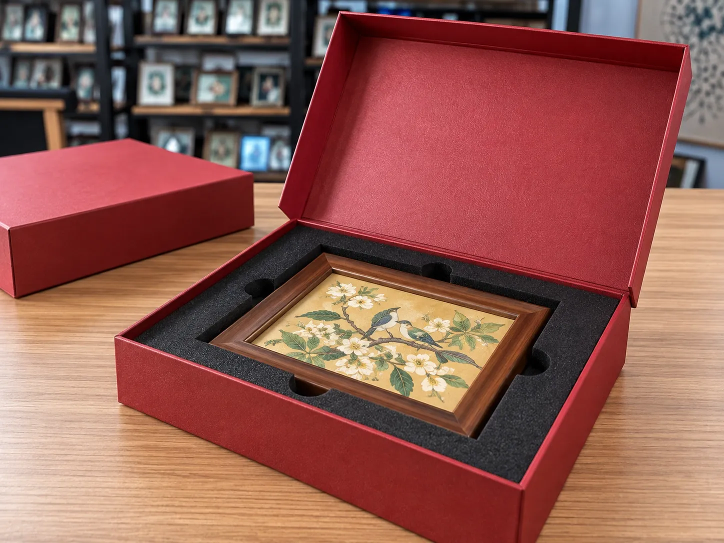 An open red hinged gift box with a black foam insert holding a small framed bird-and-flower piece.