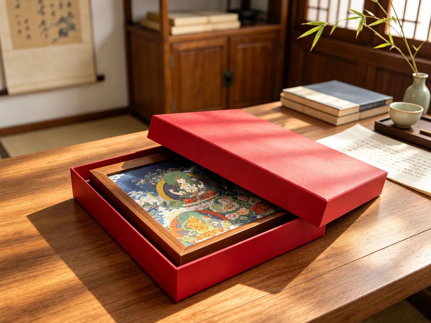 A red two-piece rigid box with its lid lifted, a framed piece inside, on a wooden desk.