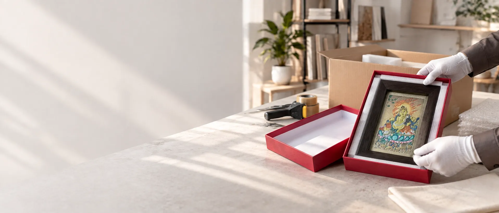 Gloved hands set a framed Thangka relief artwork into a fitted red box lined with foam, a shipping carton and a tape dispenser on the bench behind.