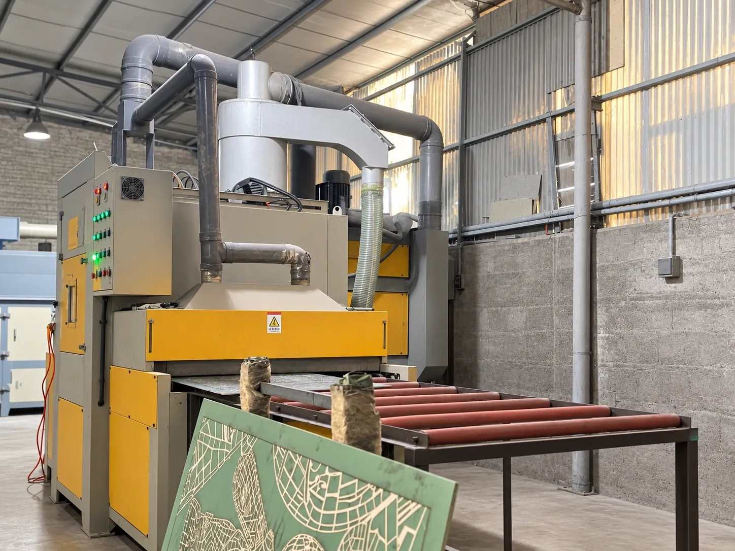 A conveyor sandblasting machine with dust extraction ducting, a masked panel leaning in front of it.